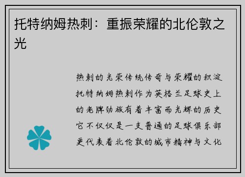 托特纳姆热刺：重振荣耀的北伦敦之光