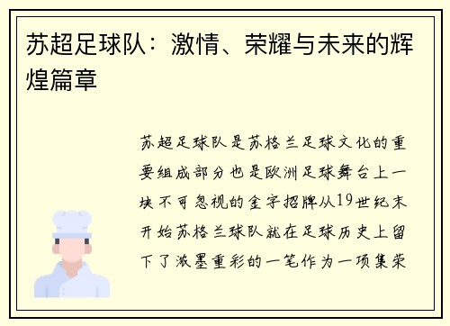 苏超足球队：激情、荣耀与未来的辉煌篇章
