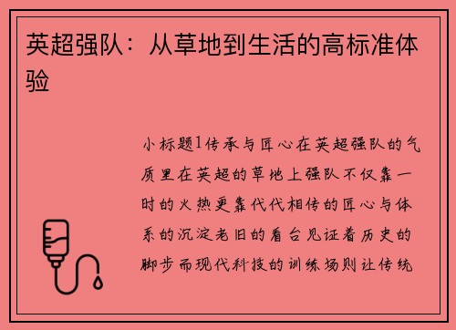 英超强队：从草地到生活的高标准体验